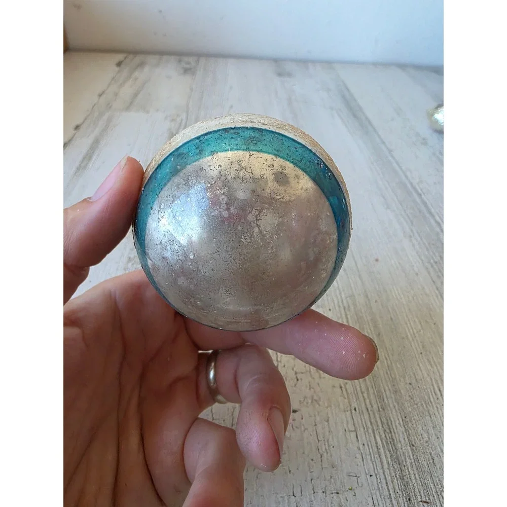 Vintage shiny Brite Mica red white blue striped glass ornament Xmas tree